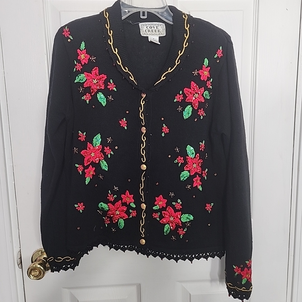 Cove Creek Sequin Poinsetta Sweater Cardigan Small